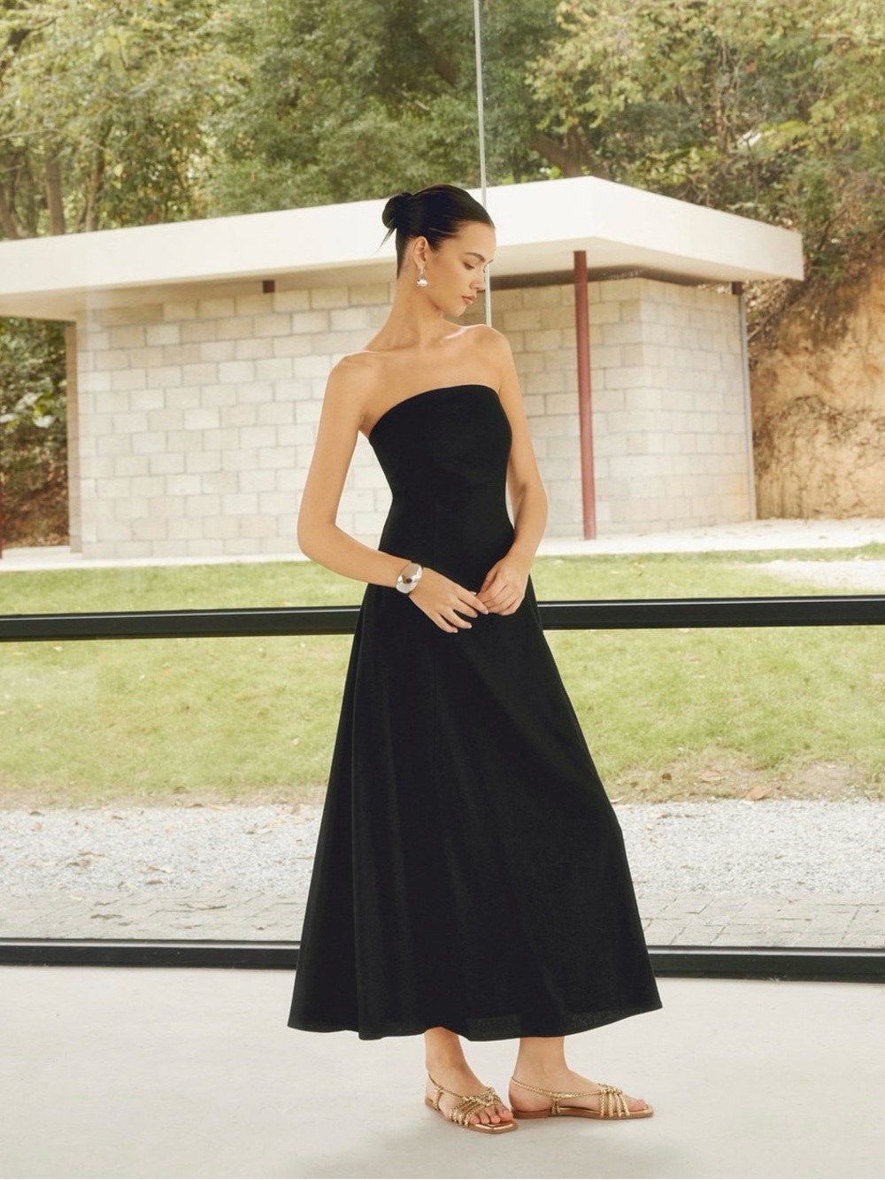 Commense Black Linen Blend Strapless tube Midi Dress Pockets M